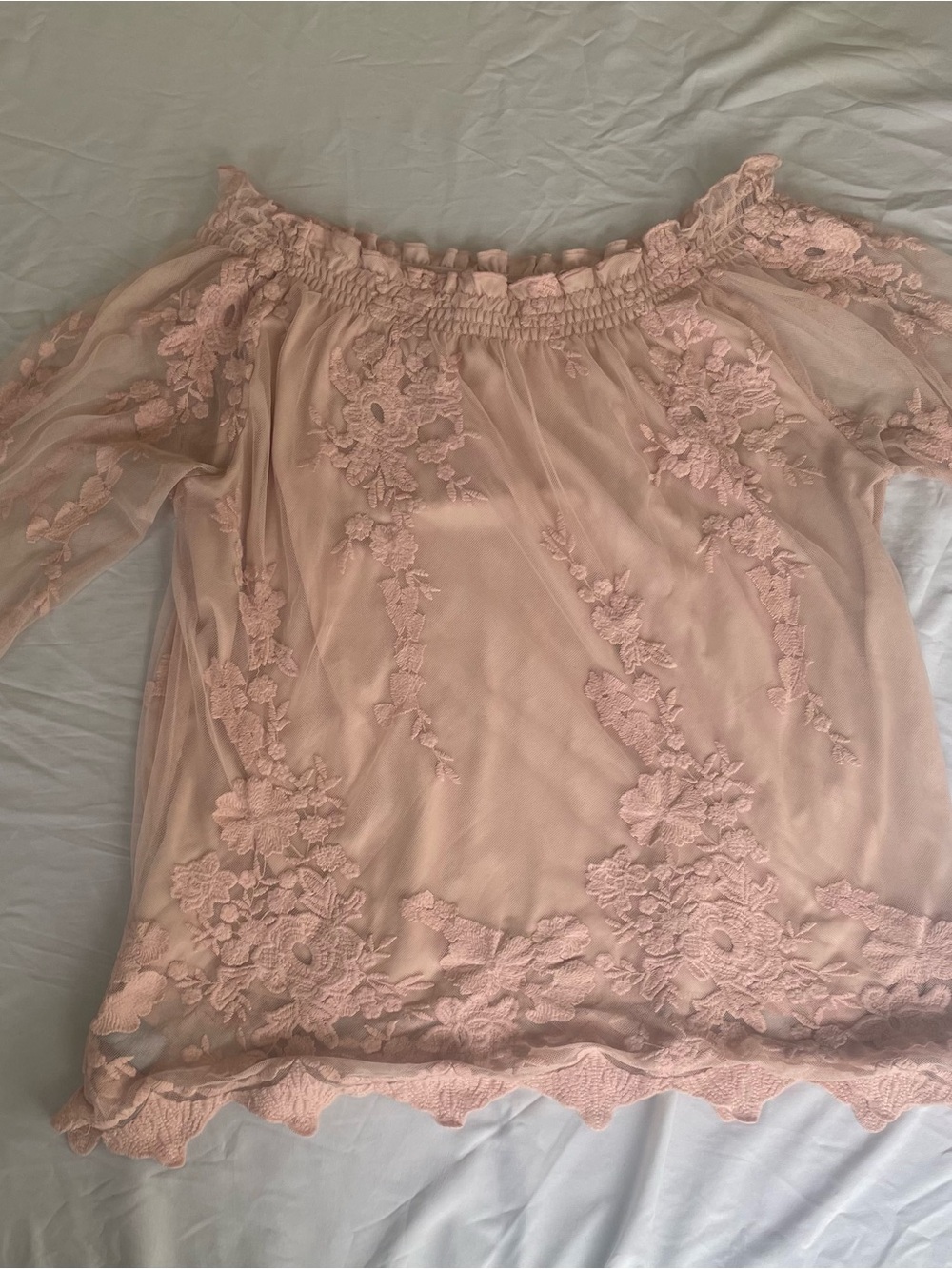 Marled Blush Pink Off-Shoulder Lace Blouse